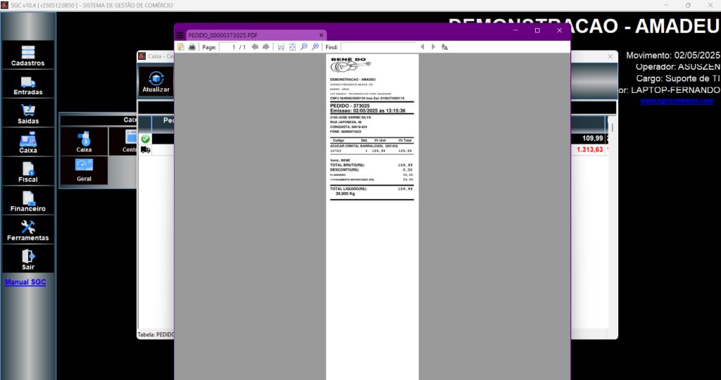 Recibo de pedido em PDF
