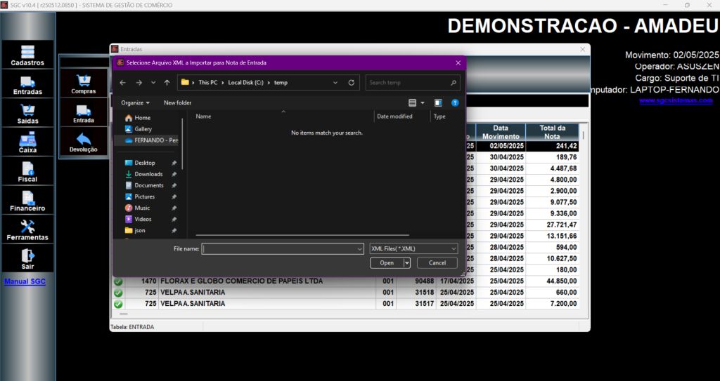 Importação XML da Nota