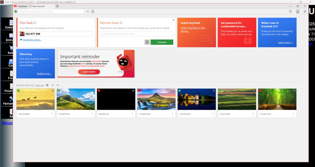 Tela do AnyDesk integrada ao sistema