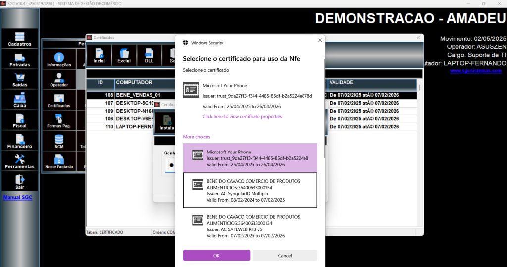 Seleção entre múltiplos certificados instalados no Windows