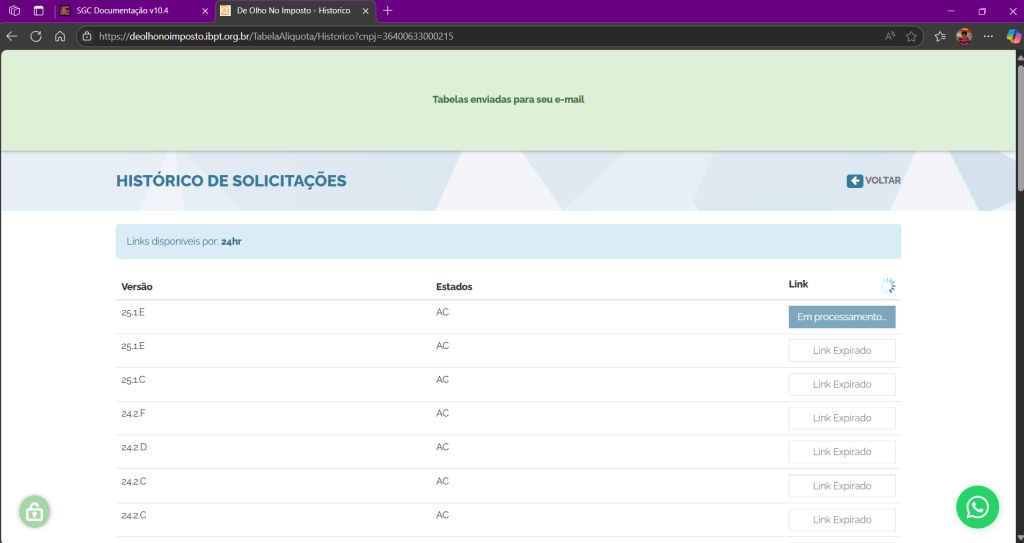 HistÃ³rico de solicitaÃ§Ãµes - tabela em processamento