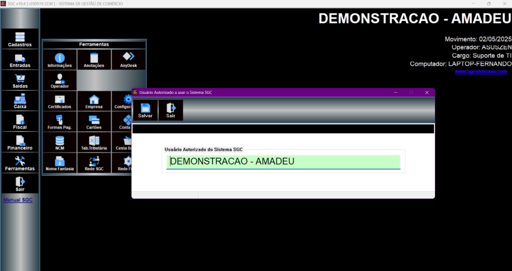 Tela de nome fantasia configurado