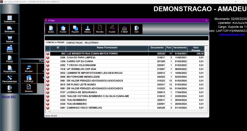 Tela principal do contas a pagar