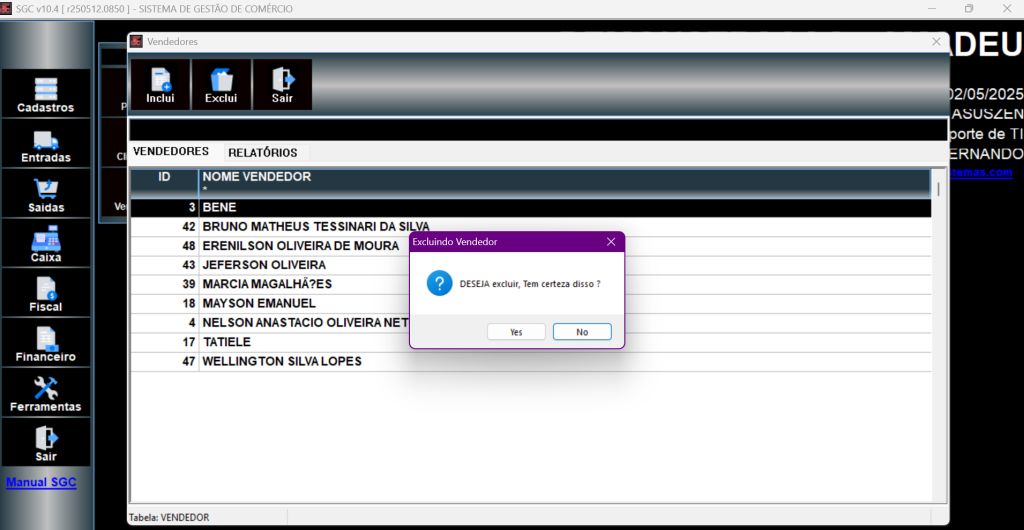 Confirmação de exclusão de vendedor